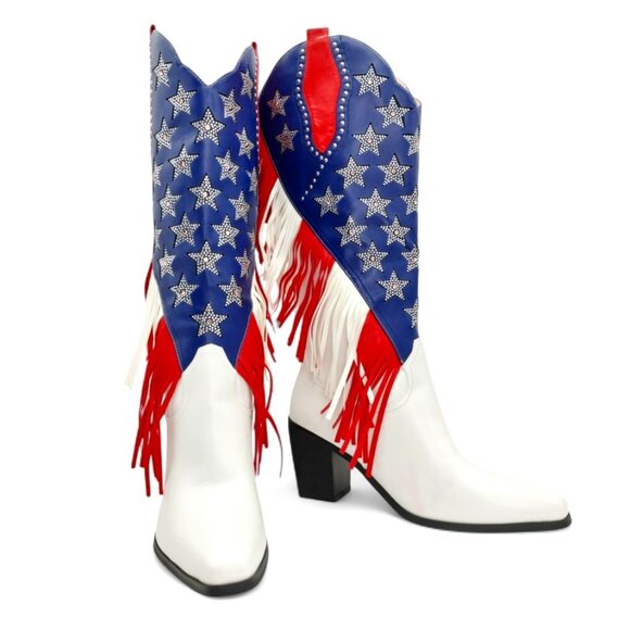 American Flag Size 11 Rhinestone Stars Fringe Knee High Block Heel Western Boots - Picture 1 of 16